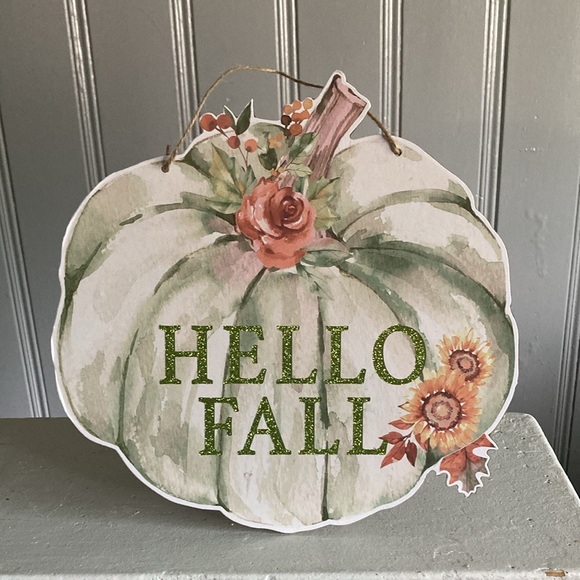NWT- Beautiful Watercolor Glittered HELLO FALL Floral Pumpkin Decor Sign 🌻 - Picture 7 of 12